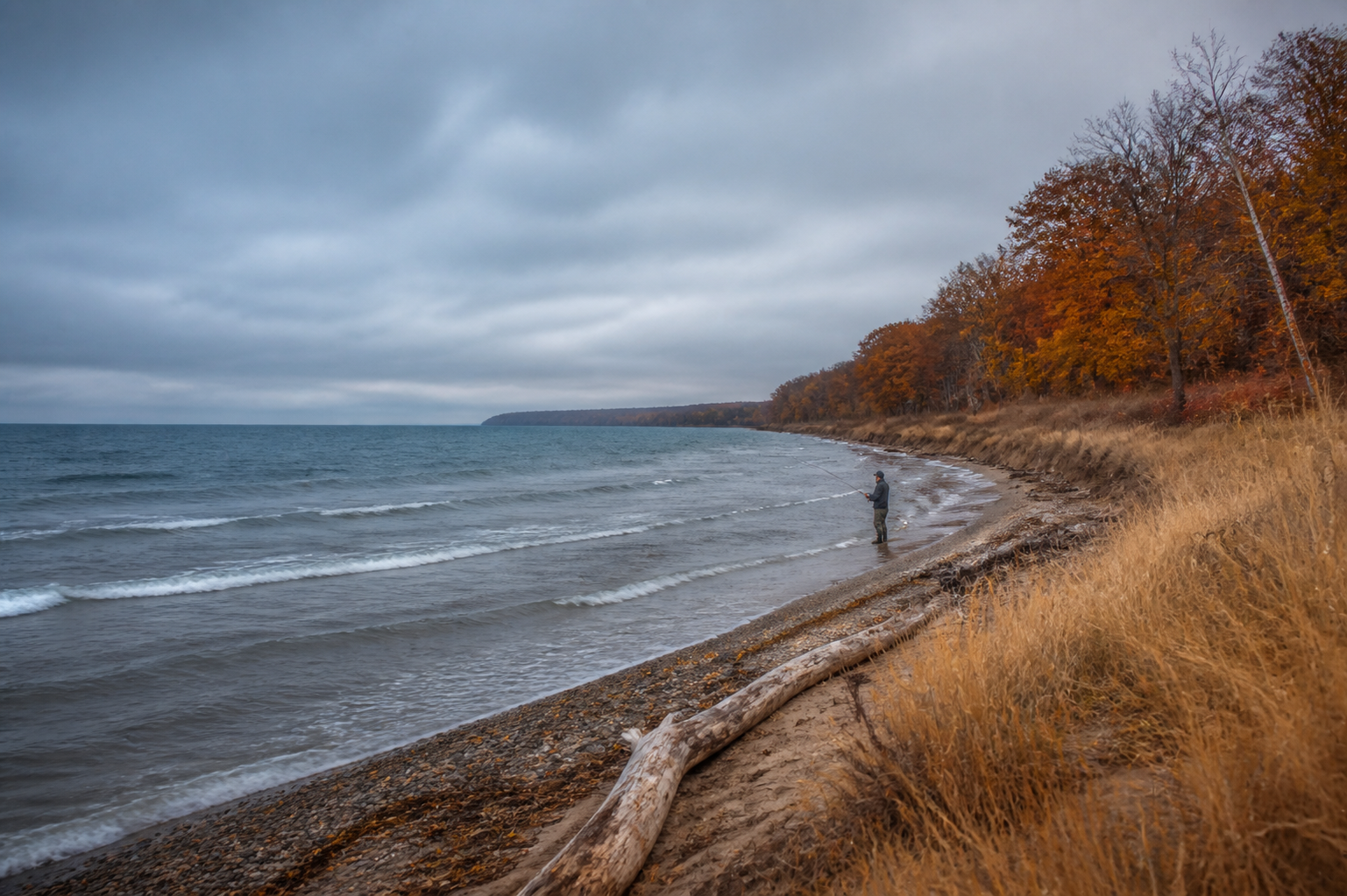 Great Lakes shoreline with a small boat and a freshwater angler at dawn
