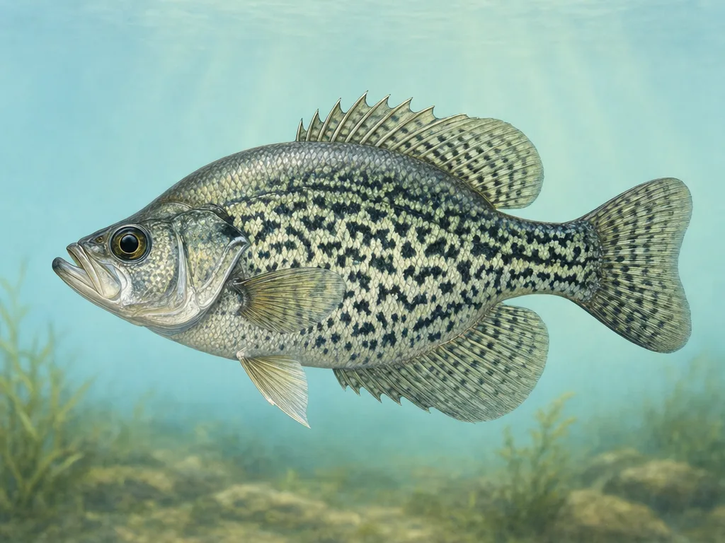 Natural-history illustration of a black crappie with irregular dark mottling