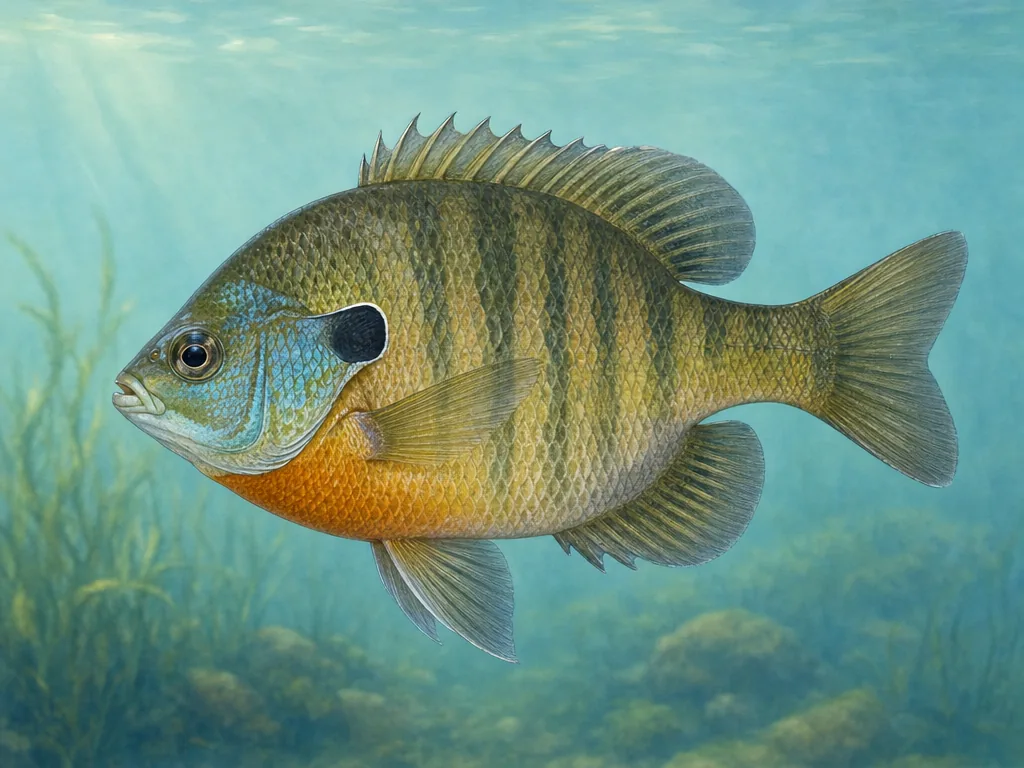 Natural-history illustration of a bluegill with a blue cheek, dark gill flap, and orange breast