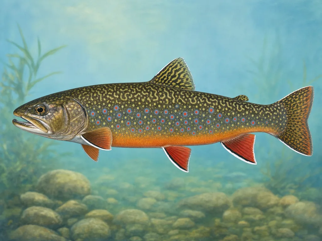 Natural-history illustration of a brook trout with blue-haloed red spots and white-edged fins