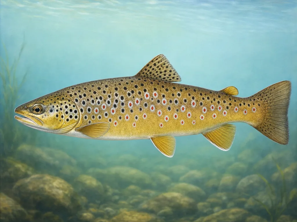Natural-history illustration of a golden brown trout with red and black haloed spots