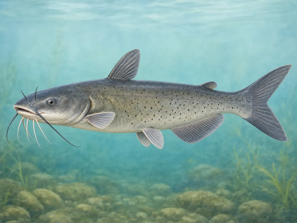 Natural-history illustration of a spotted channel catfish with barbels and a forked tail