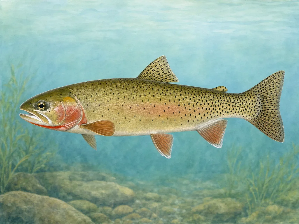 Natural-history illustration of a cutthroat trout with red throat slashes and rear spotting