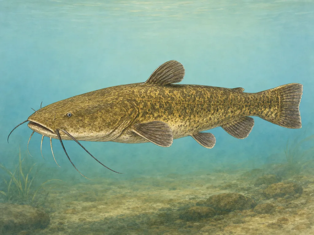 Natural-history illustration of a mottled flathead catfish with a broad head and square tail