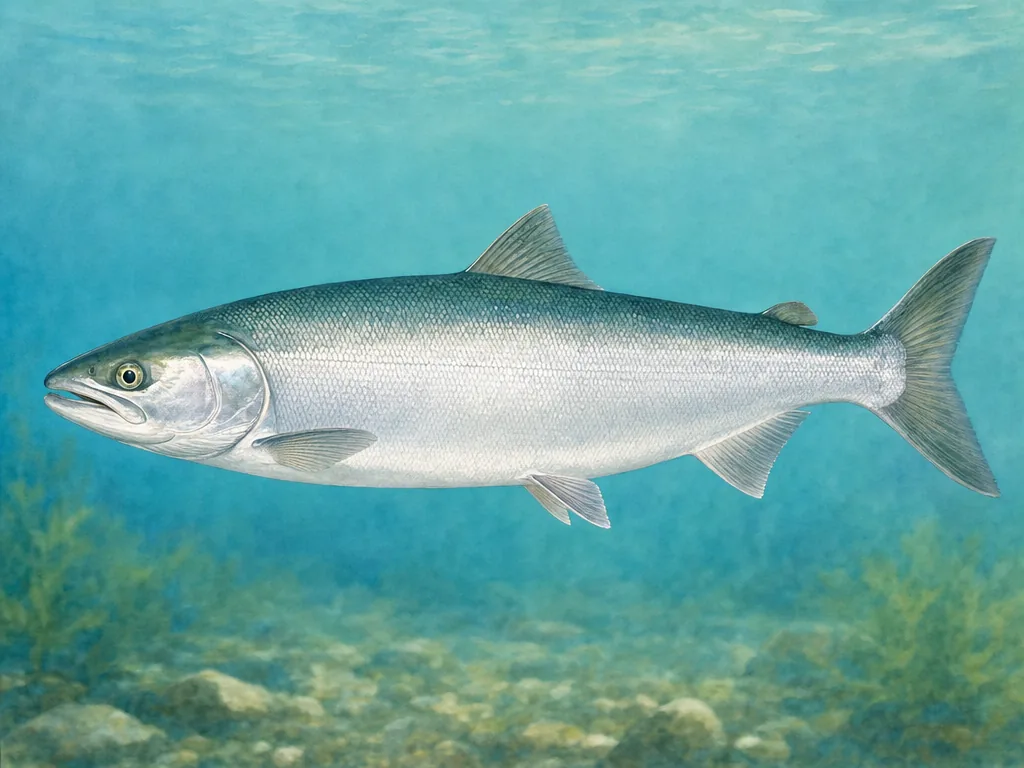 Natural-history illustration of a silver-phase kokanee salmon with a blue-green back