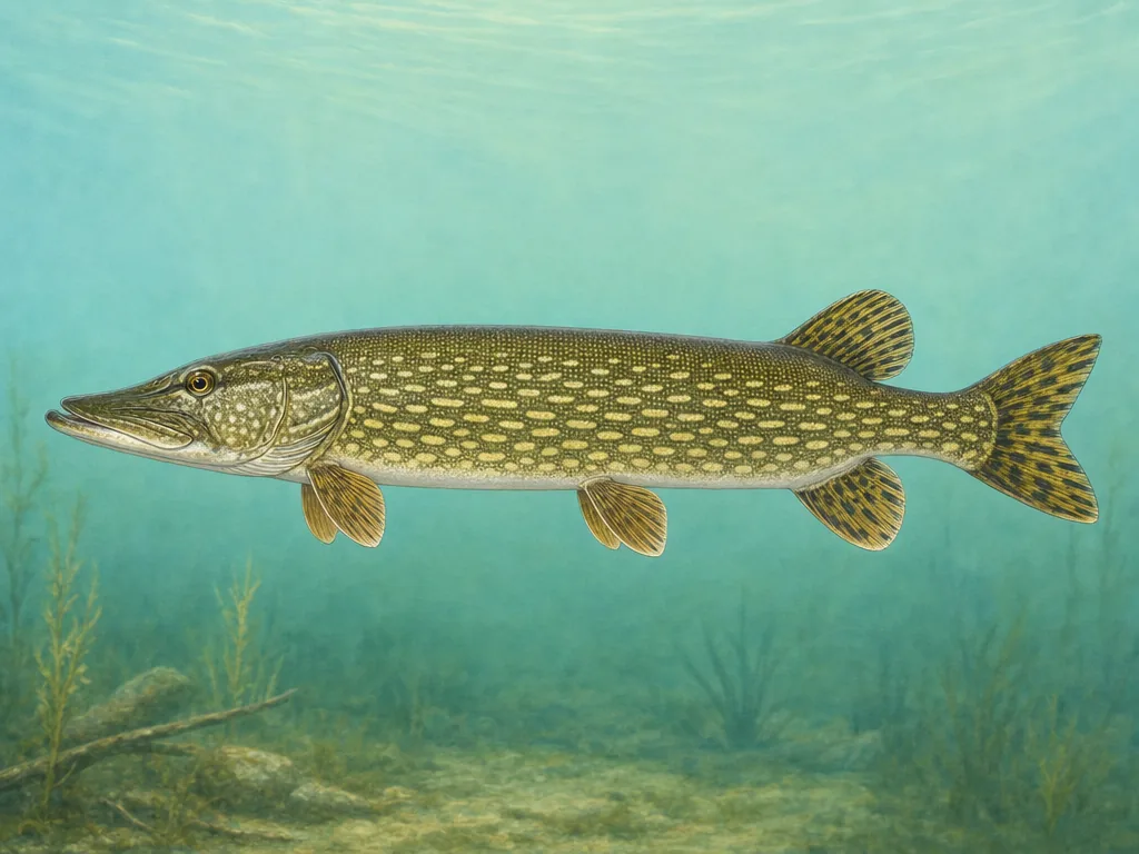 Natural-history illustration of a long northern pike with pale spots and a duckbill snout