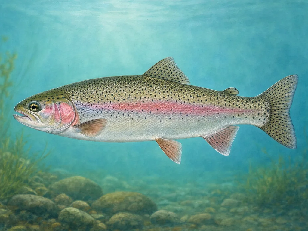 Natural-history illustration of a rainbow trout with a pink side stripe and spotted tail