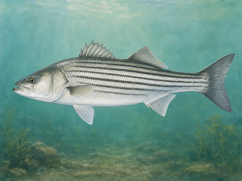 Natural-history illustration of a silver striped bass with dark horizontal stripes