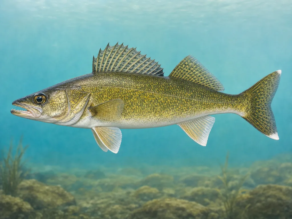 Natural-history illustration of an olive-gold walleye with glassy eyes and a white tail tip