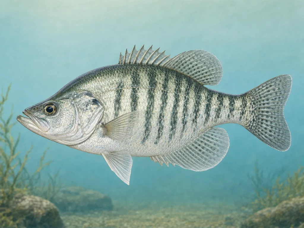 Natural-history illustration of a white crappie with distinct dark vertical bars